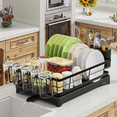 Dish Drying Rack With Drainboard - Space Saving Single Layer Drying Rack,Large Capacity Kitchen Organizer With Utensil Holder Cup Holder Cutlery Tray, Countertop Dish Drainer Black