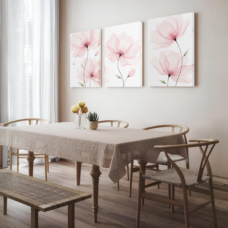 «Pink Floral Watercolor», ensemble de 3 reproductions botaniques sur toile, H 24 po x l 48 po