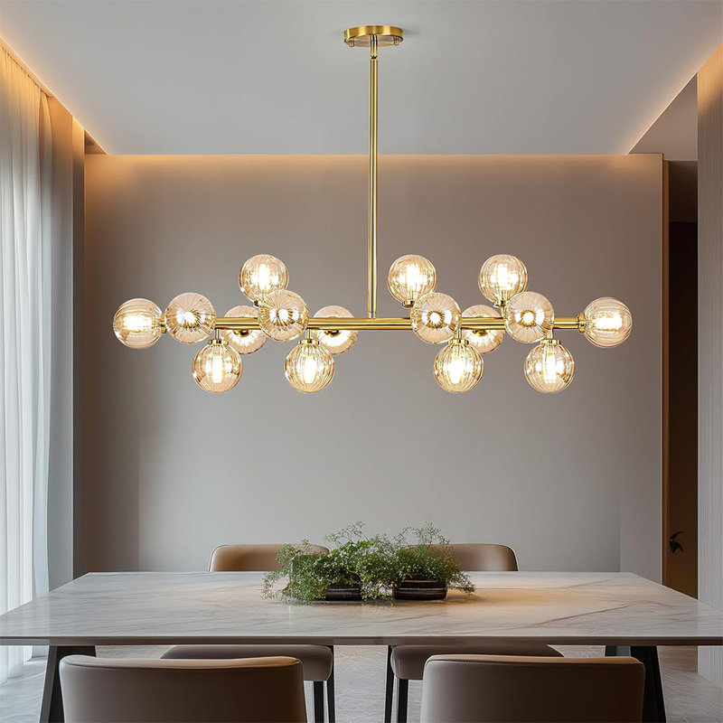 Lustre de style Mid-Century à 16 lumières: lustres Spoutnik linéaires dorés de 40 po - Luminaire de salle à manger globe en verre ambré - Long lustre suspendu moderne pour îlot de cuisine de salon