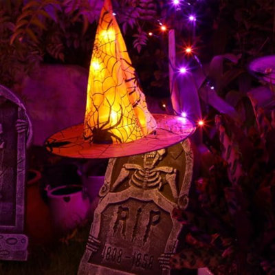 Chapeau de sorcière d'Halloween, 8 pièces de décoration de chapeau de sorcière illuminée et suspendue, guirlande de lumières d'Halloween avec 8 modes d'éclairage, décorations d'arbre de jardin pour l'extérieur