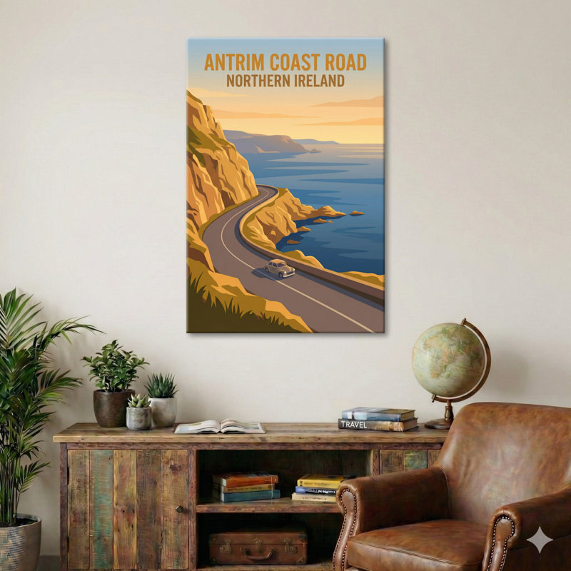 Antrim Coast Road, Northern Ireland - Romantic Coastal Drive Travel Poster. Giclee Print on Wrapped Canvas. Wall Art, Home Decor - Regions & Scenic Areas, Northern Ireland 1 Piece Wrapped Canvas Wall Art