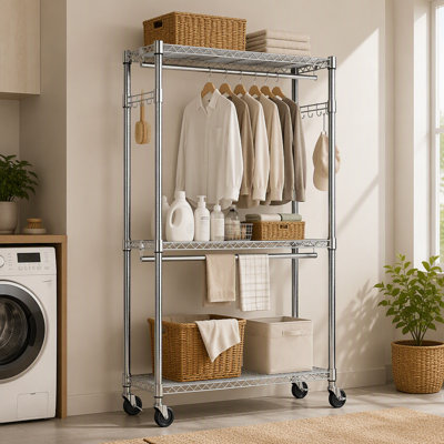 Chrome 79.65‑inch standing clothes rack,heavy‑duty storage rack with wheels,3‑tier adjustable wire shelf with two hanging rods and side hooks