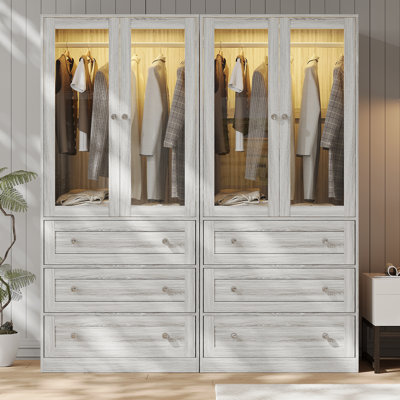 Armoire penderie avec tiroirs et lumière, armoire 75 po avec tringle, armoire 2 portes en bois pour chambre à coucher