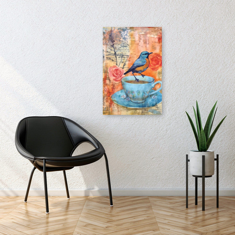 Pause-café avec oiseaux et fleurs - Affiche murale contemporaine, H 36 po x l 24 po