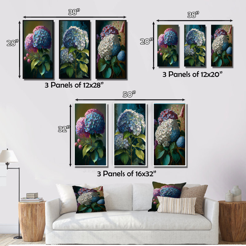 «Hydrangea Bouquet Retro Illustration», 3 pièces, Cadre flottant noir, H 32 po x l 48 po