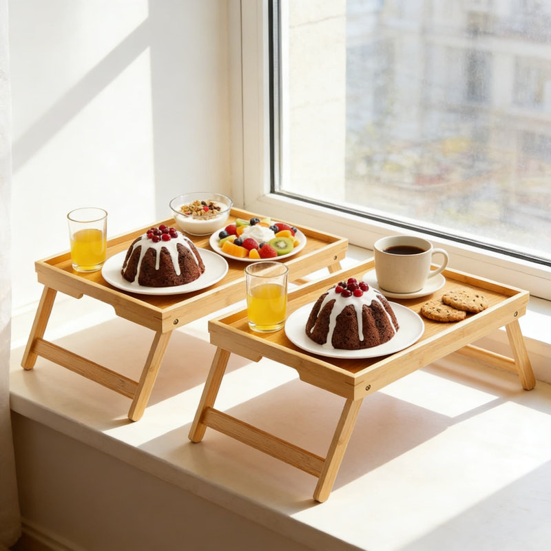 Plateau de lit pliable en bambou avec poignées - Bureau d'ordinateur portable portable et plateau de petit déjeuner pour canapé, lit ou bureau, paquet de 2 naturel