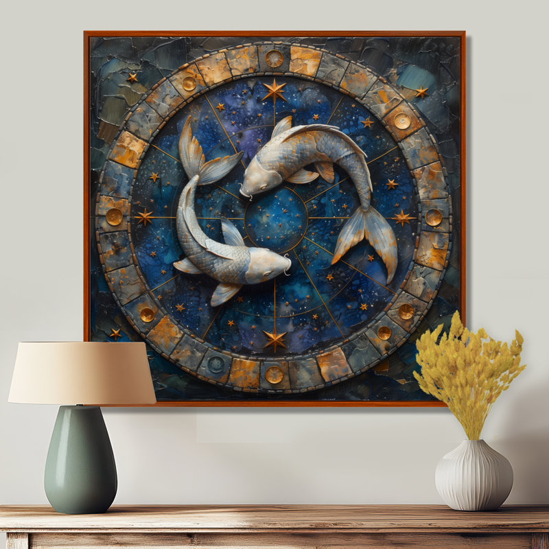 «Blue Pisces Astrology Cosmic Compass I - Astronomie, art mural, Cadre flottant brun, H 16 po x l 16 po