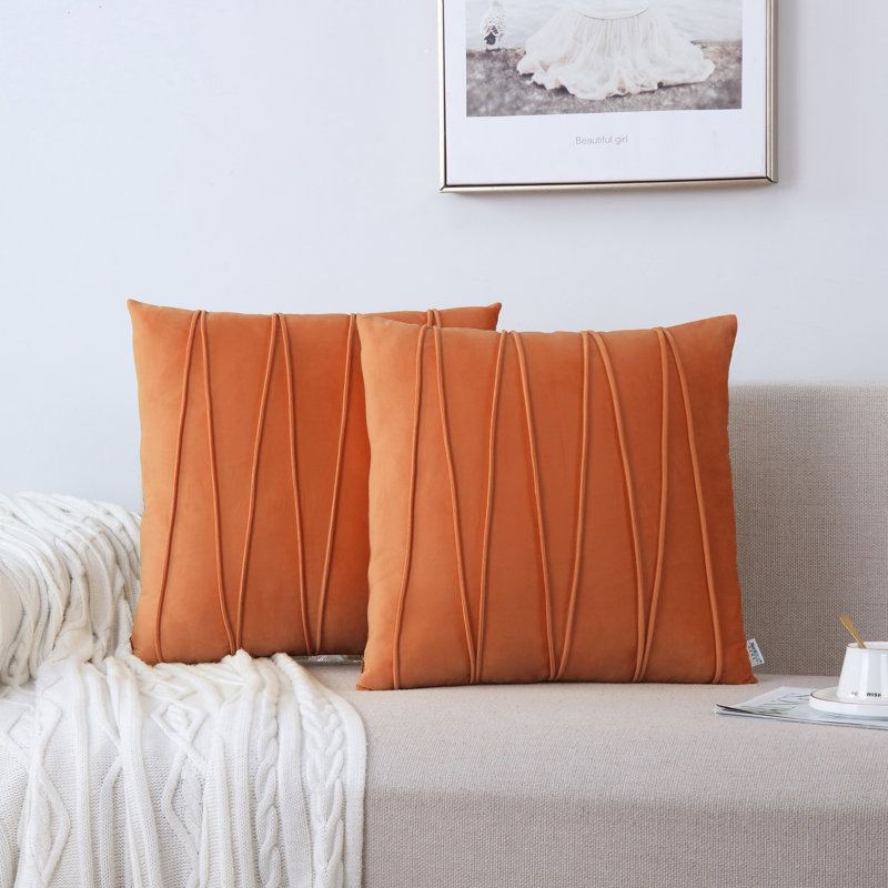 Housse de coussin plissée carrée en velours de polyester, H 18 po x l 18 po, Orange brûlé