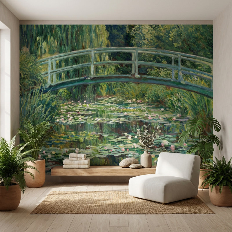 Papier peint pont, paysage, nénuphars, jardin, L: 140 po x H: 96 po, Peler et coller