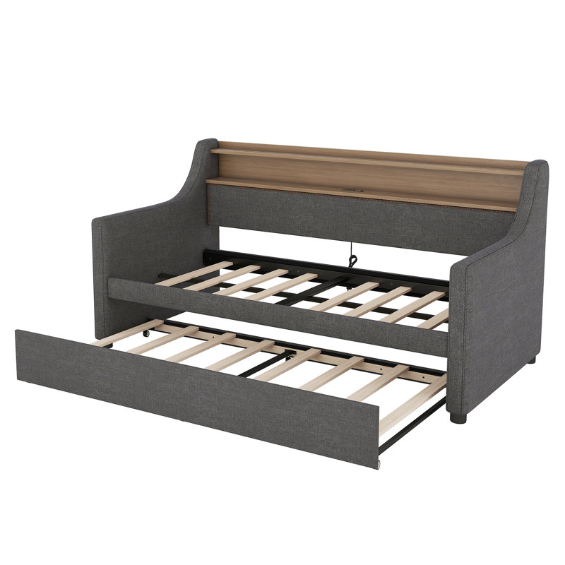 Wingo Upholstered Daybed With Trundle And LED Lights, Gray