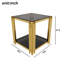 Table de bout moderne à miroir noir pour salon, carré, métal asymétrique, finition dorée et tablette inférieure, 19,9 po-1973504338