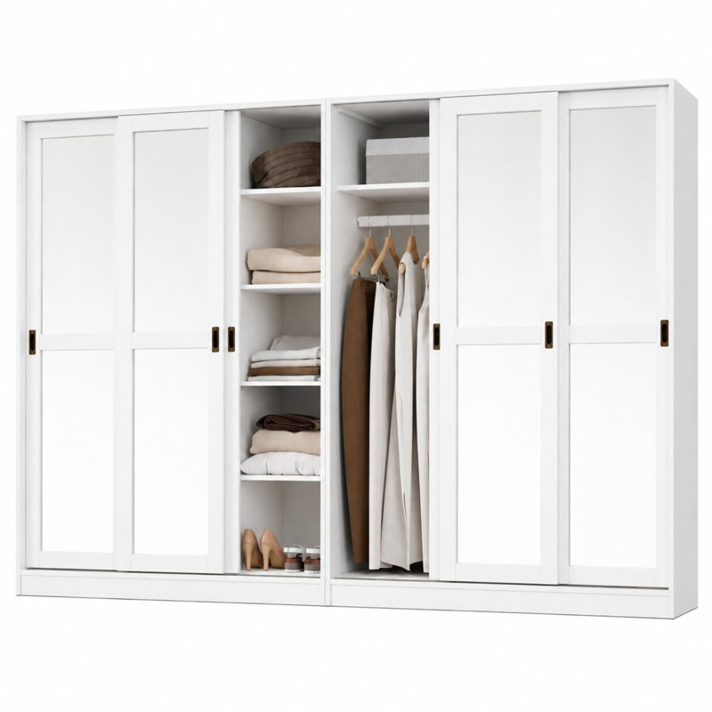 Armoire-penderie à porte coulissante 100% en bois massif à 6 miroirs Portlynn, Blanc