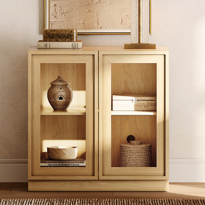 Armoire d'appoint moderne avec 2 portes en verre, commode d'appoint multifonctionnelle avec grand rangement et tablette réglable