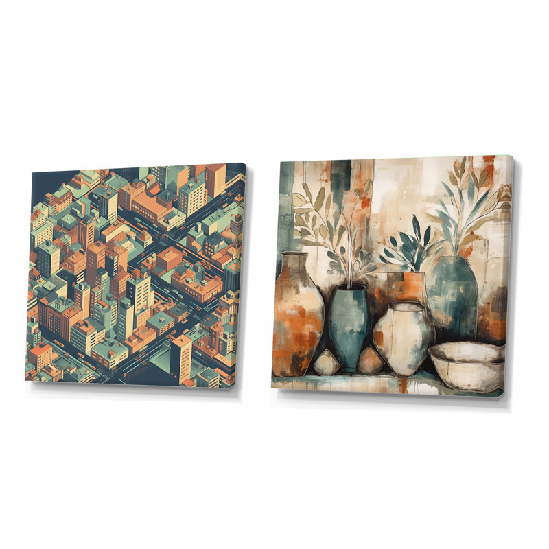 Abstractions urbaines orange et vertes - ensemble de 2 collages abstraits carrés, Toile tendue, H 36 po x l 73 po