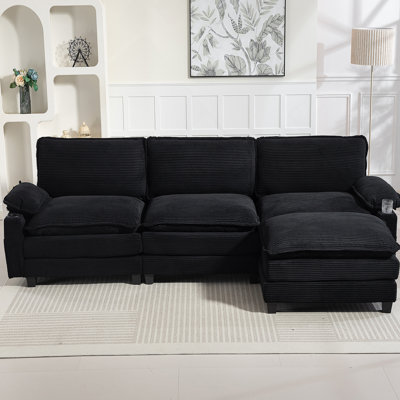 Canapé modulaire en forme de L 113 po 3 + 1 de 113 po - Canapé modulaire en nuage avec repose-pieds, éponge à haute résilience 35D, coussins épais à double couche, porte-gobelets et sacs de rangement pour le salon / appartement