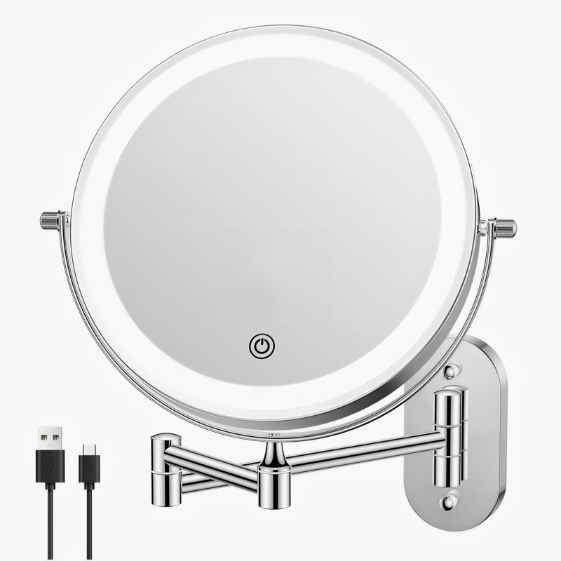 Teejay Modern Round LED Lighted Magnifying Bathroom Wall Mounted Makeup Mirror, Chrome, Chrome