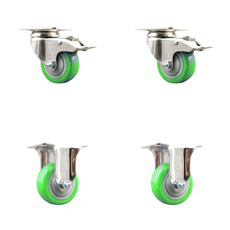 Ensemble de roulettes 3 pouces en polyuréthane pivotant 3 plateaux, Vert