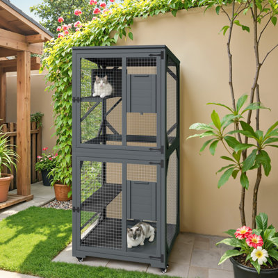 Spacieuse et robuste, grande maisonnette pour chat avec un toit imperméable robuste, comprenant 1 salle de repos, 3 plateformes et 2 portes coulissantes pour un accès facile au chat, parfaite pour une utilisation intérieure et extérieure