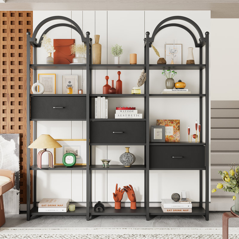 83.5"Tall Arched Bookcases And Bookshelves Triple Wide 6 Tiers Industrial Bookshelf, Etagere Bookcase With 3 Drawers Storage, Bookshelf With Metal Frame For Living Room Bedroom Home Office