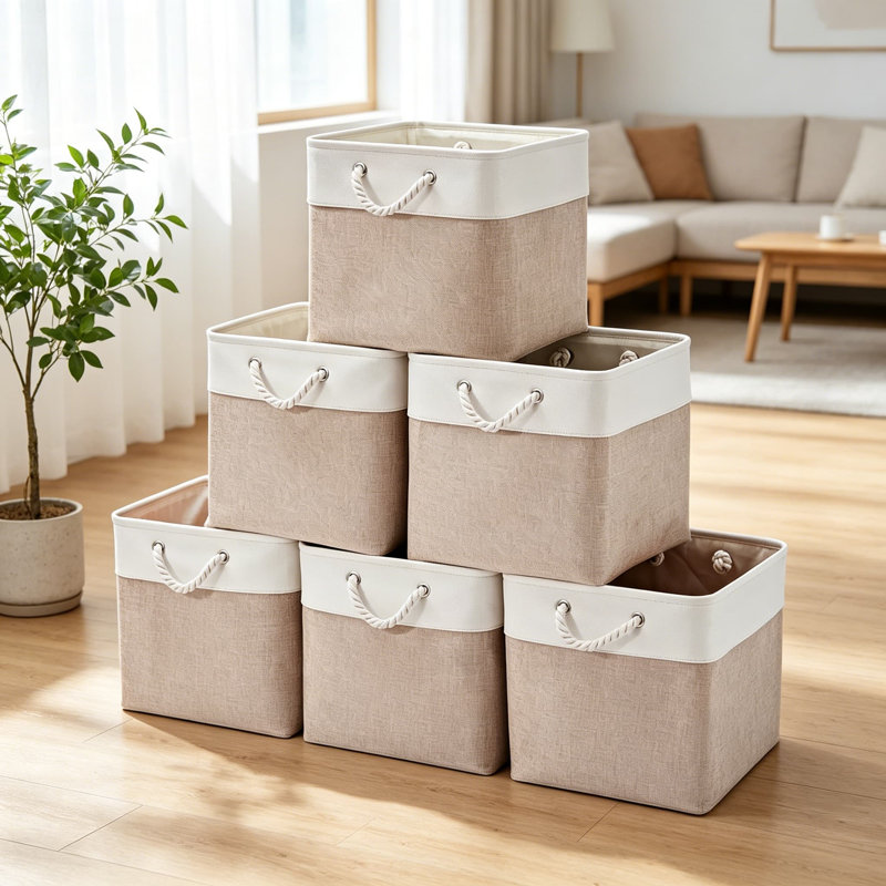 13 cubes de rangement 13 x 13 pouces, bacs de rangement pliables en tissu avec poignées, panier pliable pour organiser les vêtements, les jouets, les livres, blanc et beige