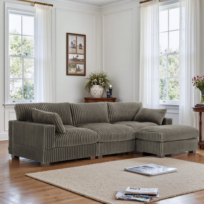 3 - Piece Upholstered Light Gray Faux Rabbit Fur Flannel Reversible Modular Sofa Living Room Sectional Couch with Pillows