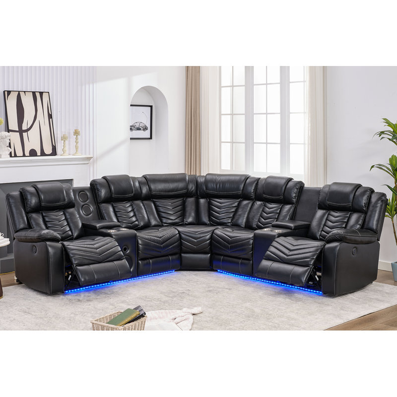 Keeshan 3 - Piece Faux Leather Power Reclining Sectional With Speaker and LED, Black Faux Leather