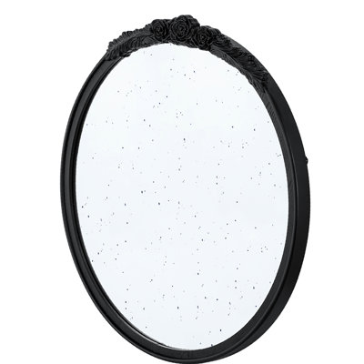 Black Round Mirror Frame Featuring Hand Rose Detail, 30"X30", For Live Space Frame, Black, Ideal Bathroom, Space, Entryway