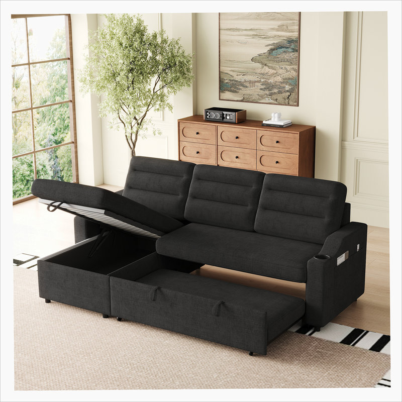 Canapé-lit 85,8 po avec lit escamotable avec port de charge, espace de rangement, Tissu noir