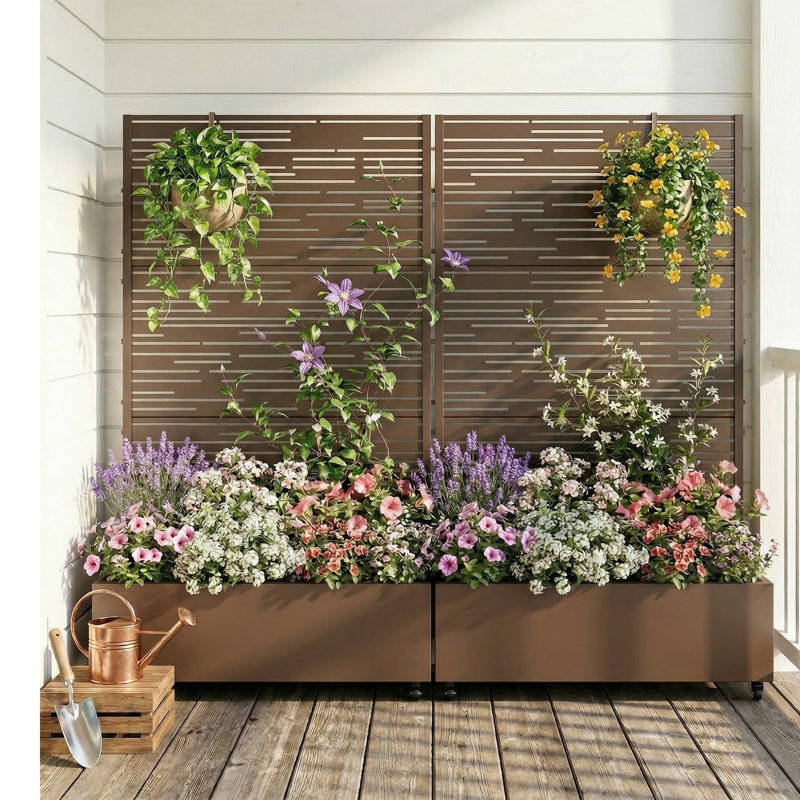 Lit de jardin en métal avec treillis et roulettes H 6 pi x l 4 pi - brun, Brun