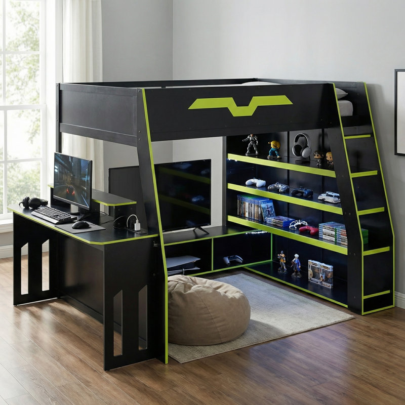 Lit mezzanine double en bois, Vert