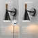 1-Light Black Plug-In Or Hardwire Wall Sconce With Wood-Toned On/Off Rotary Switch On Pivoting Shade