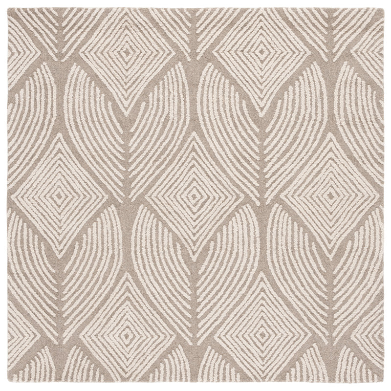 Johnya Hand Tufted Wool/Cotton Geometric Rug in Gray/Beige, Square 6'