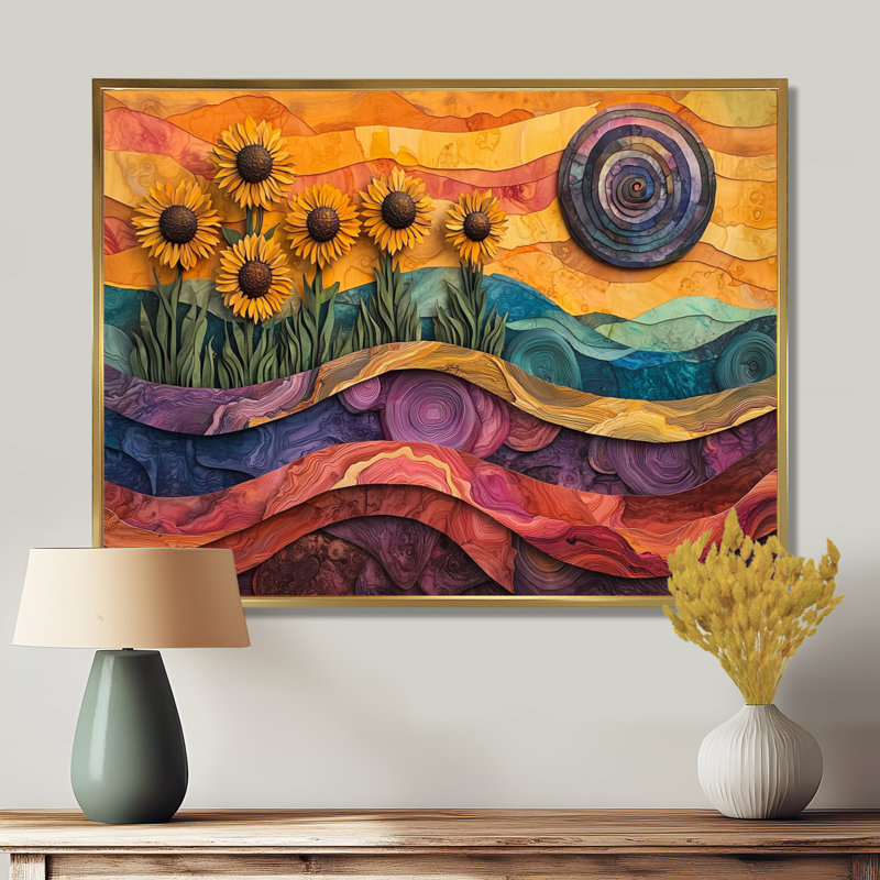 Donnabel Sunflowers Garden At Desert On Slide - Art mural toile de tournesols, H 30 po x l 40 po, Doré