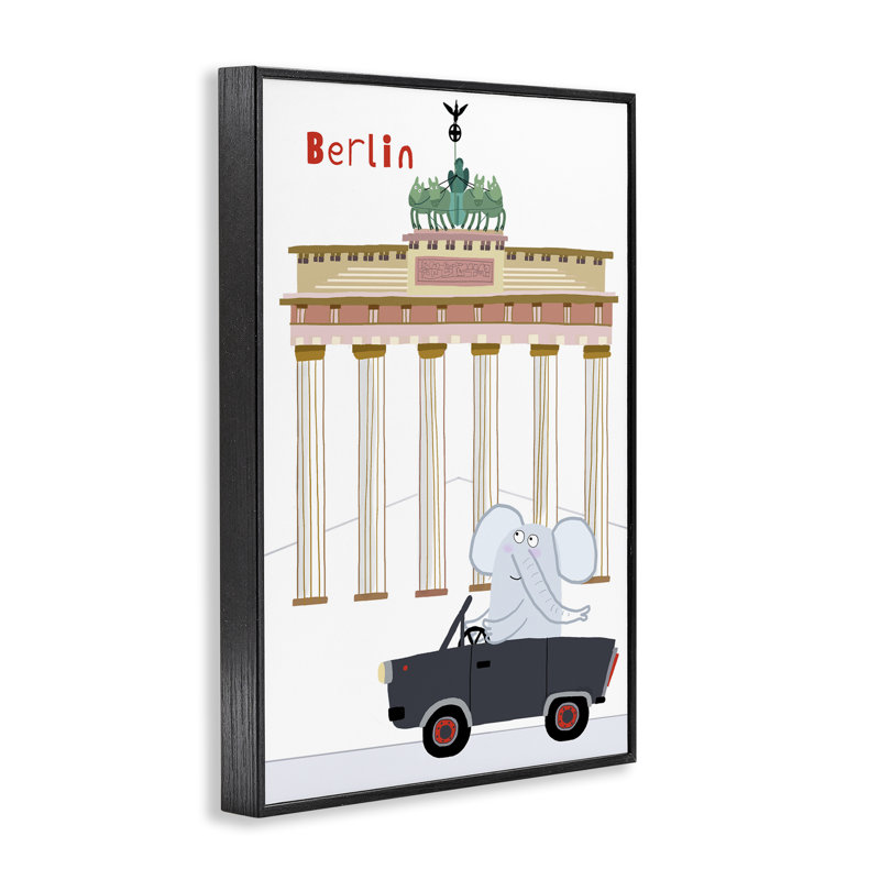 Éléphant et architecture de Berlin, estampe numérique, design par Carla Daly, H 30 po x l 20 po, Giclée encadrée noir minuit