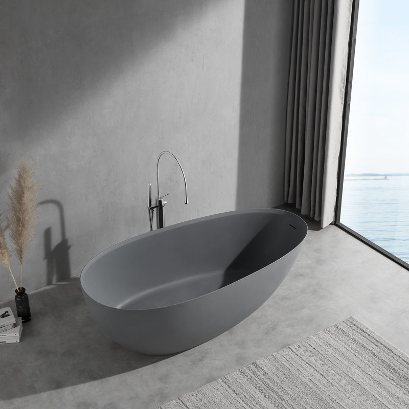 67" x 34" Freestanding Soaking Solid Surface Bathtub with Drain Assembly, Cement  Gray