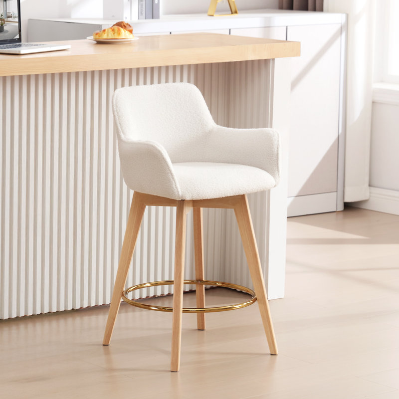 Lovetro Swivel Full Back Arms Upholstered 26.6"H Counter Stool with Solid Rubberwood Frame and Gold Footrest, White