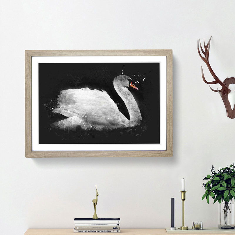 White Swan Swimming - Picture Frame Graphic Art Print, Oak Framed, 62cm H x 87cm W x 2cm D