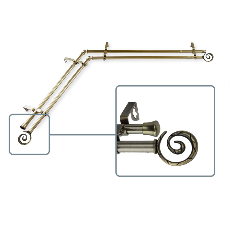 Ensemble de tringle à rideaux double et quincaillerie pour fenêtre d’angle Luxora, H 48 po x l 84 po, Laiton antique