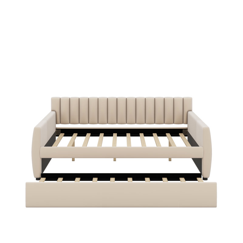 Lit de jour double avec lit gigogne, Double, Beige