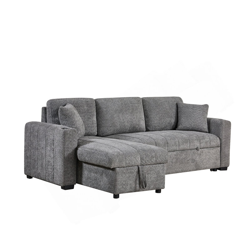 Canapé-lit modulaire réversible en tissu bouclé gris 97 po Seraphina II avec méridienne de rangement, porte-gobelets, port de chargement USB et coussins décoratifs