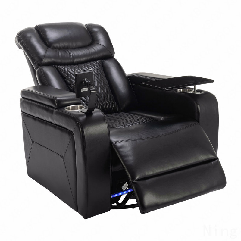 270° Swivel PU Leather Power Recliner - Home Theater, Tray Table, Phone Holder, USB, Storage, Black