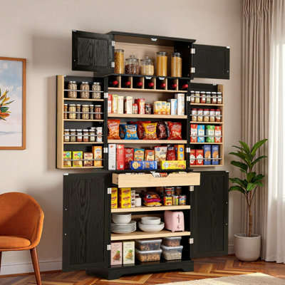 Tall Farmhouse Kitchen Pantry Cabinet With 8 Door Shelves, Adjustable Shelves, Hidden Drawer And Wine Rack