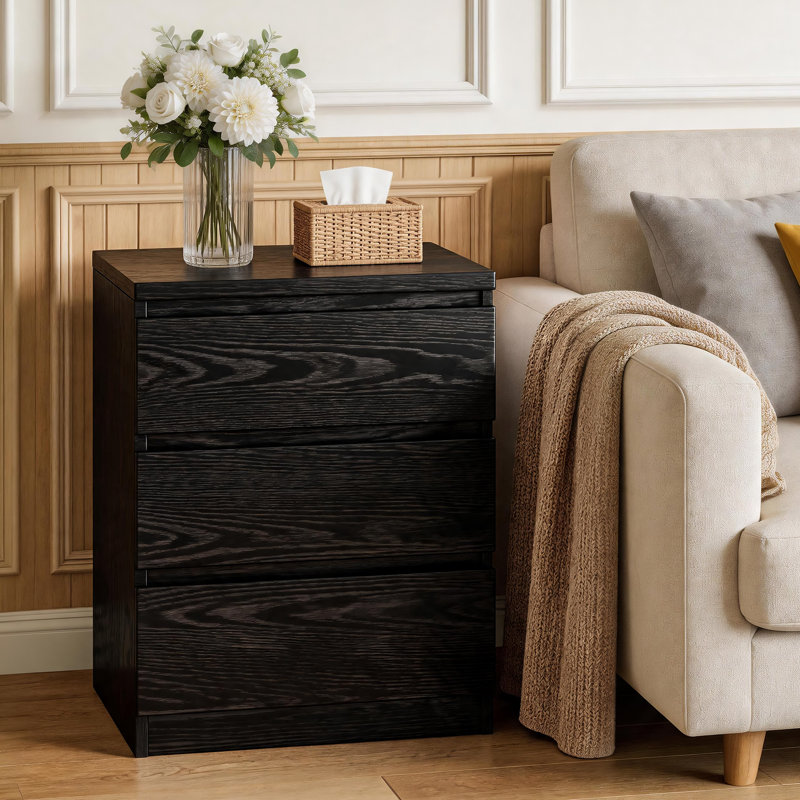 Table de chevet en bois avec 3 tiroirs, Noir, 1