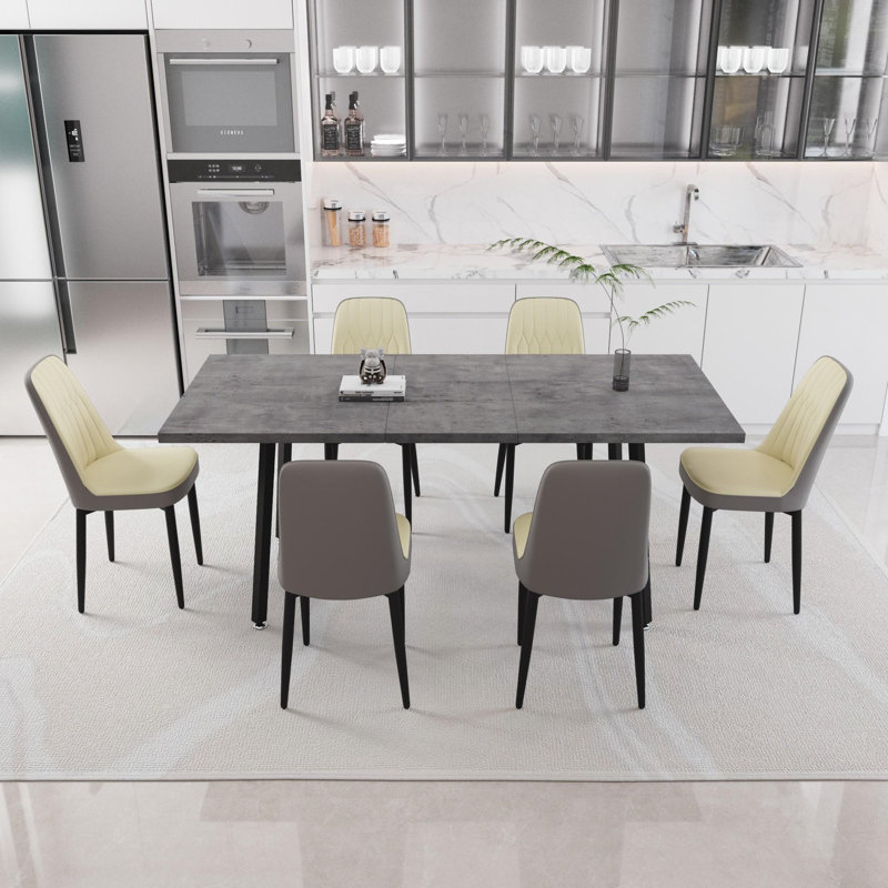 Modern Dining Table Set with Extendable Table and PU Dining Chairs, Beige/Grey, 7