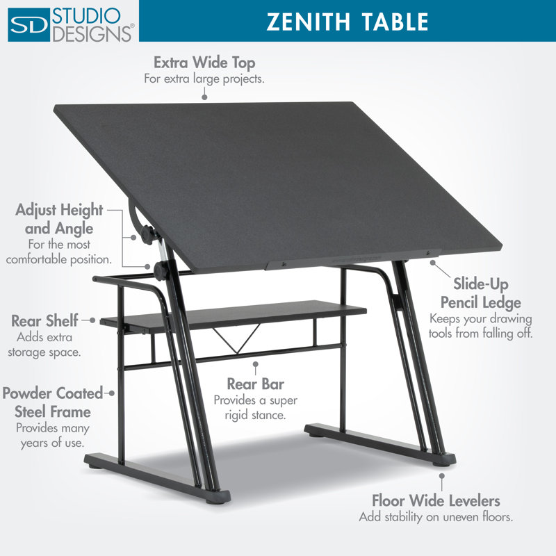 Cowen Adjustable Metal Base Drafting Table, Black