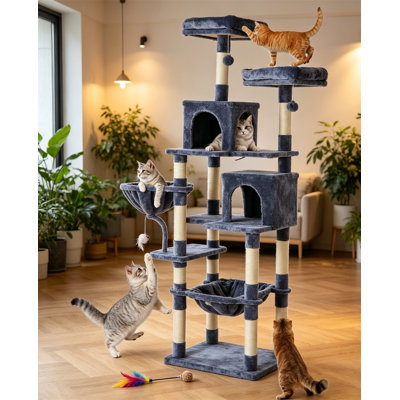Tour à chat 71 po avec condo, poteaux à griffer, hamac et panier pour chats d'intérieur 71 po