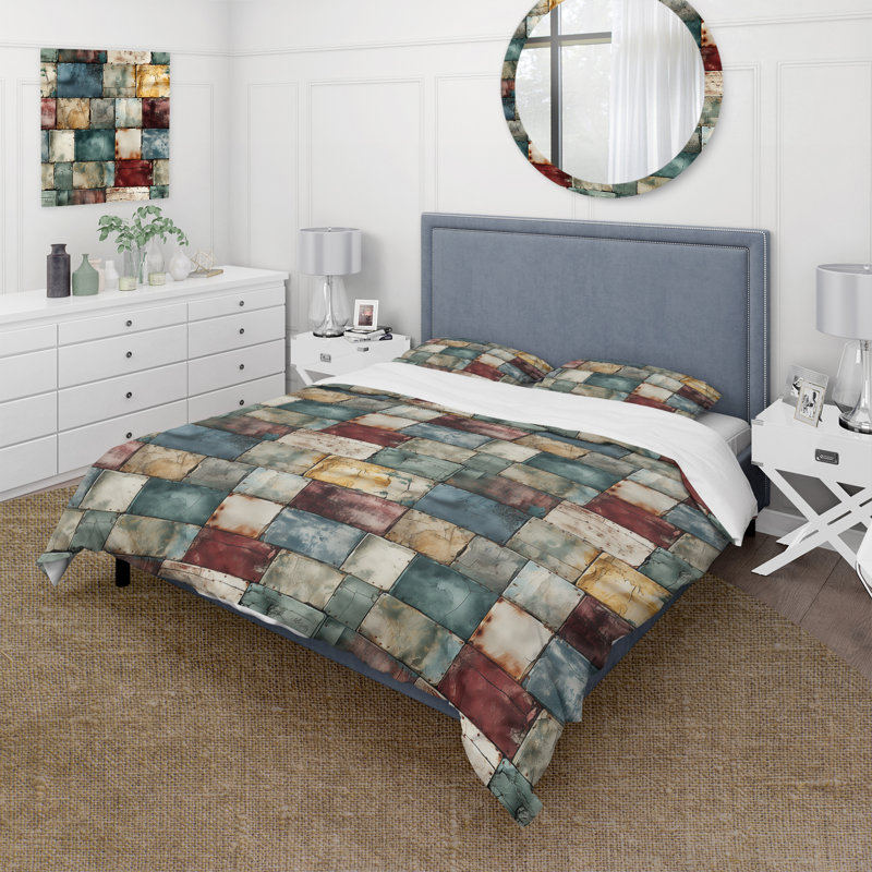 Ensemble de housse de couette Rustic Modern Cubic Farmhouse Planks II, Housse de couette simple + 1 taie décorative stan