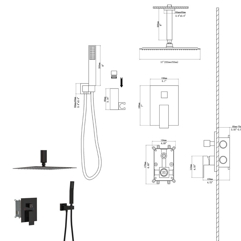 Ensemble de pomme de douche double - pluie et support de finition bronze huilé à fixation au plafond 10 po, débit maximal en caoutchouc équilibré de 1,8 gal / min