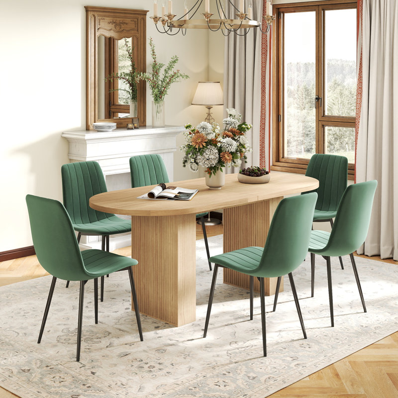 Ensemble de table de salle à manger Mid-Century, 7 pièces : table, 6 chaises, Vert, Chêne