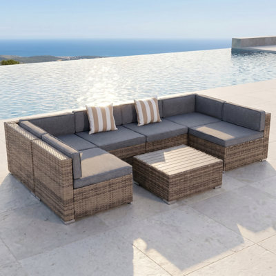 Ensemble de canapé 7 pièces en rotin gris avec table basse - conversation modulaire pour terrasse